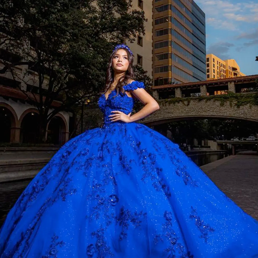 Royal Blue Quinceanera Dresses for Sweet 15 Year Prom Gowns Off the Shoulder Sequined 3D Flower Birthday Party Dress