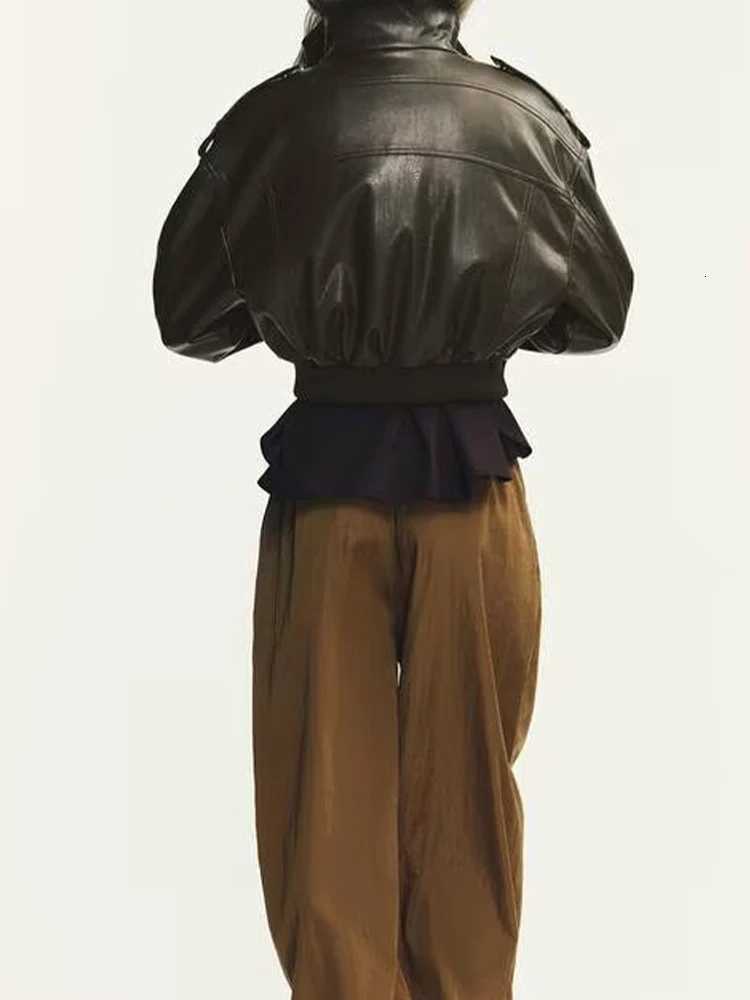 European and American style autumn new fashion womens clothing versatile imitation leather stand collar long sleeve short jackeT251017