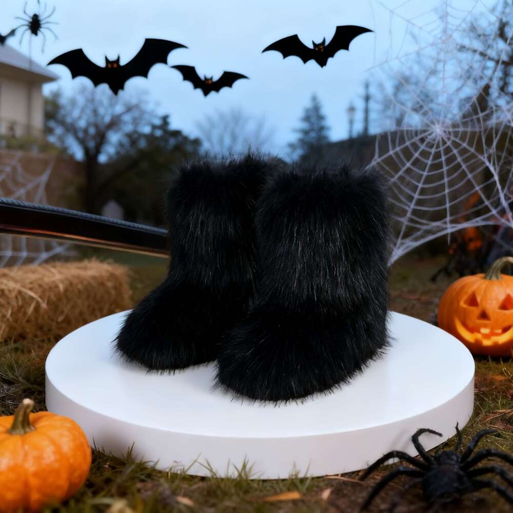 Women's Slip-On With Plush Faux Fur Thick Platform Heel Mid-Calf Warm Round Toe, Dark Gray/Black Cozy Microfiber Insulated Boots Snow Ice, TPR So