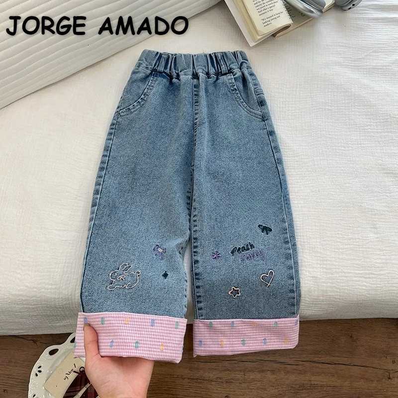 Kids Girls Pants Spring Autumn Korean Style Plaid Embroidery Loose Straight Wide Leg Denim Pants Childrens Casual Trouser A4389T251017