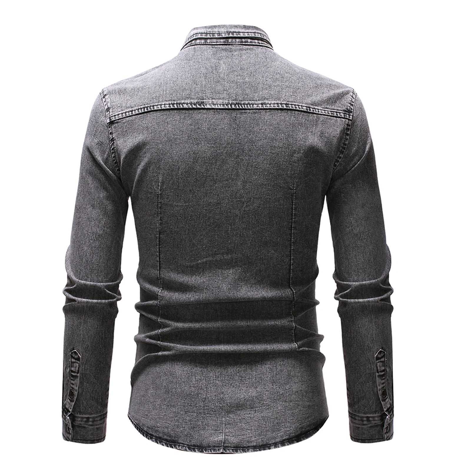 2024 Mens Spring Autumn Casual Shirts Solid Color Long Sleeve Lapel Denim Tops Button Shirts for Party J251017