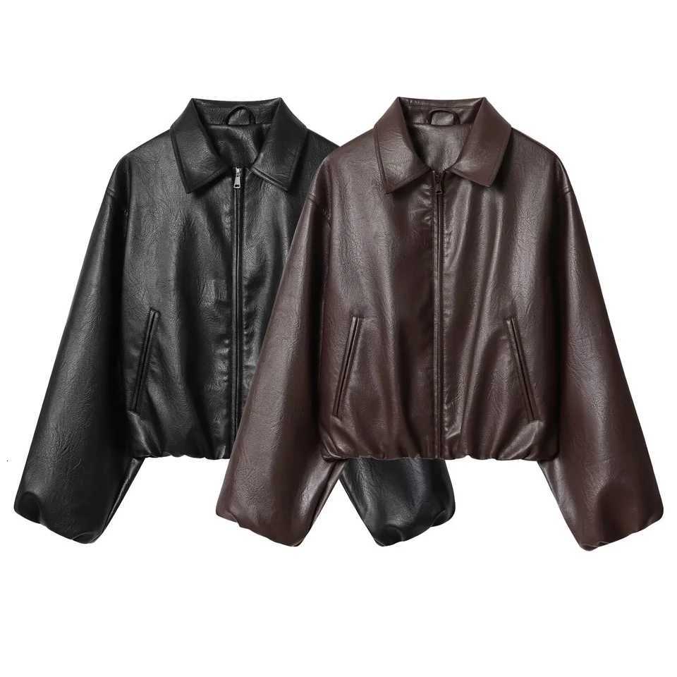 autumn new womens casual fashion simple temperament allmatch imitation leather pilot lapel jacket top coatT251017