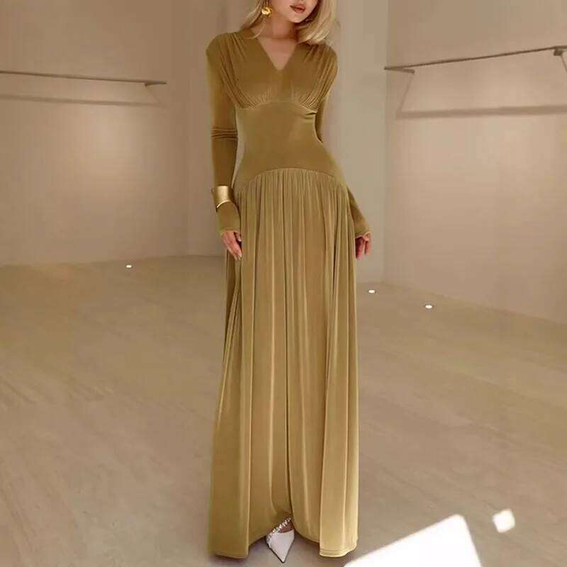 Office Casual High Waist Long Sleeved Dresses Fashion Women's V Neck Solid Color Veet Sexy Slim Fit Pleated Robe Dress