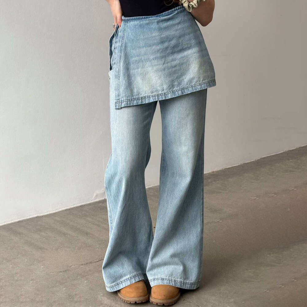 Fashion Side Zipper Fake Two-Piece Jeans Patchwork Washed High Waist Irregular Eight-Point Wide-Leg Autumn Winter B5