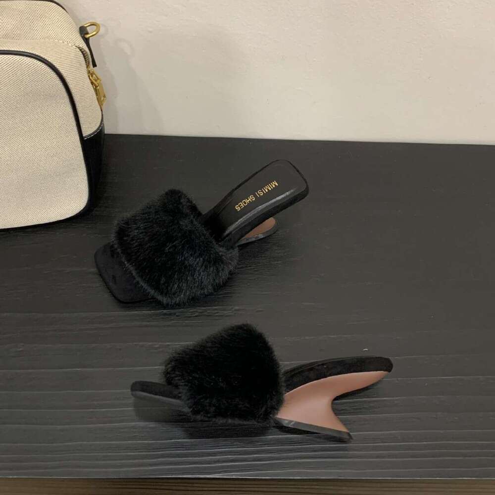 French Style Furry Wedge Designer Shoe - 2025 Autumn New Women's Slippers, Square Open-Toe & Warm for Outdoor Autumn Wear