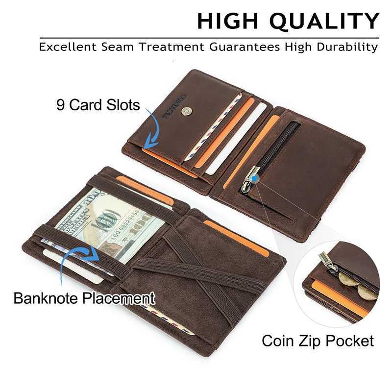 CONTACTS Genuine Leather Card Holder Magic Wallet Slim Bifold RFID Male Small Wallets Zipper Coin Pocket Mini Purse Money ClipW251017