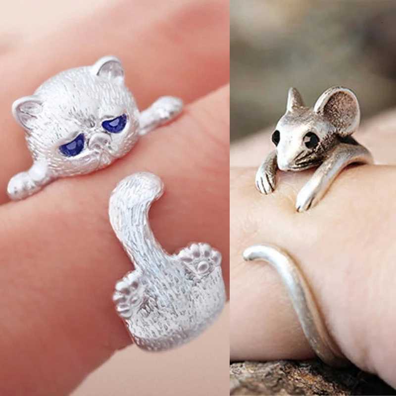 Cute Cat and Mouse Shape Open Ring for Women Antique Silver Color Modern Fashion Girls Finger Accessories Hip Hop Party Jewelry Z251017