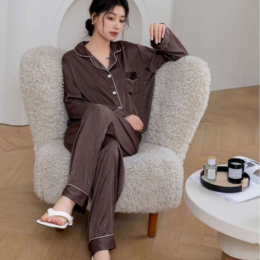 Spring and Autumn Women's Simple Chocolate Pajama Set Comfortable Breathable Ice Silk Loungewear Suitable for Outerwear