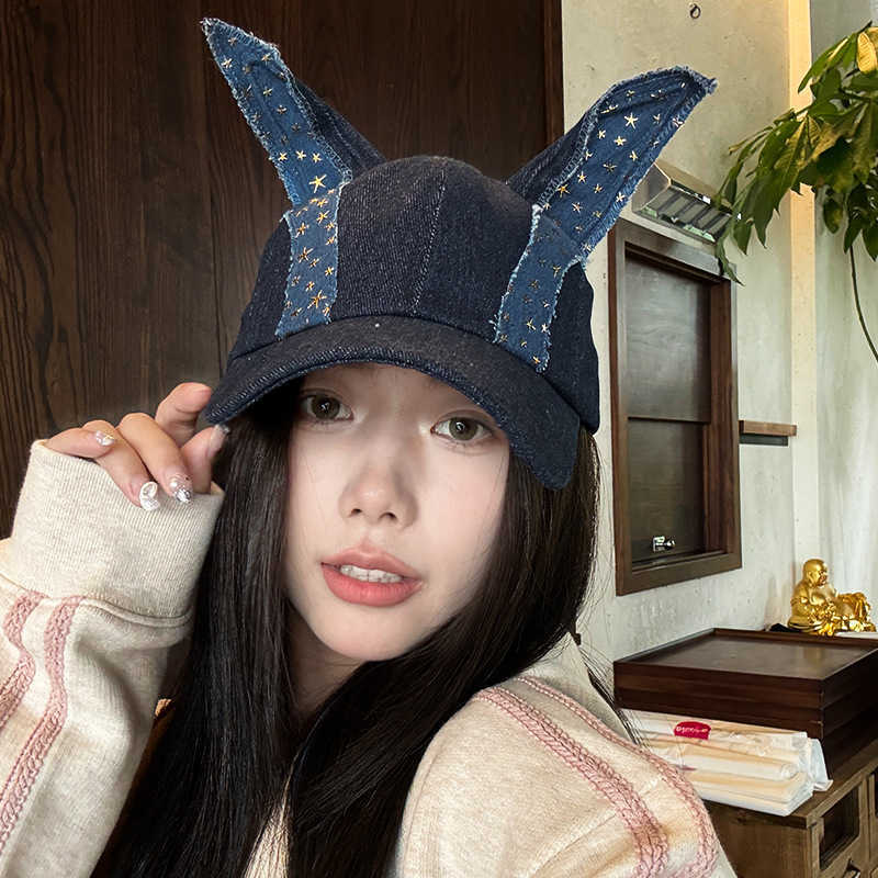 New Denim Color Block Doberman Ears Baseball Cap Niche Fashion Versatile Travel Trendy Cool Personality Duckbill Cap for Women W251017