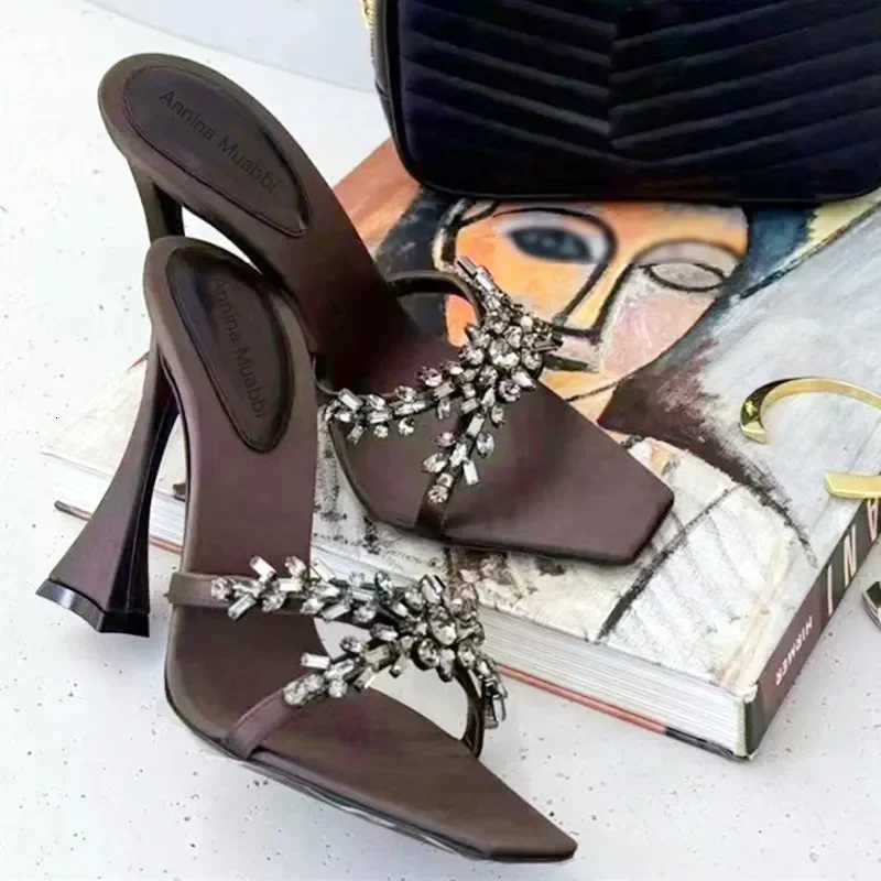 Luxury Rhinestone Silk Thin Heeled Slippers Women Sexy Open Toe Cross Tied Design Brand Slide Sandals Elegant Party Dress Shoes Z251015