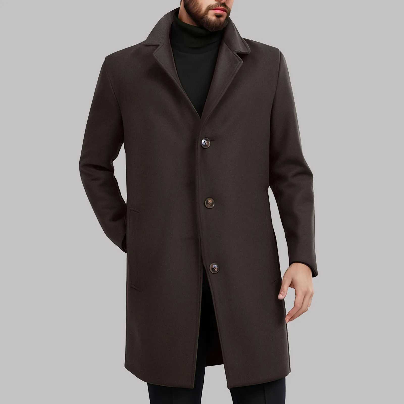 MenS Thicken Business Trench Coat Plus Size Winter Overcoat Lapel Long Sleeve Medium Length Single Breasted Vintage Jacket Z250918