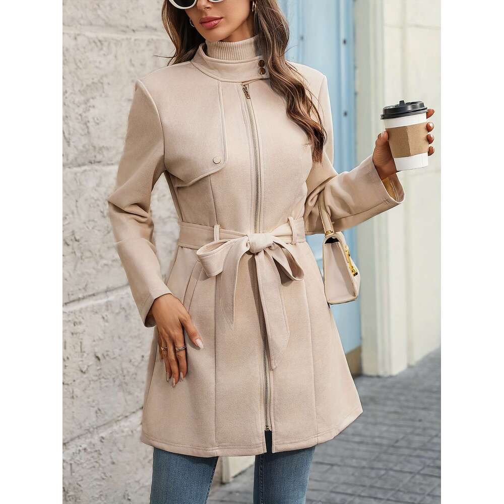 Women's Elegant Beige - Middle Eastern-Inspired Round Neck Trench Coat With Front Zipper Bow Detail, Hine Washable Spring/Fall Outerwear For Casu