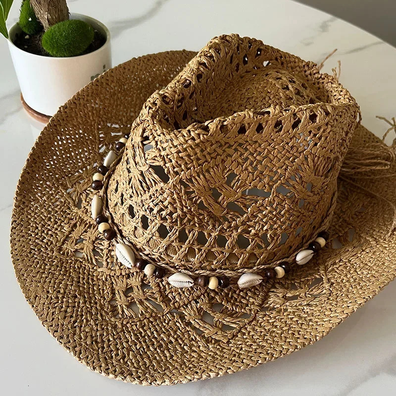 Summer Bohemian Shell Straw Hat Beach Women Men Cowboy Hats Wooden Beads Hollow Out Western Wide Brim Sun Hat Holiday Cap 251015
