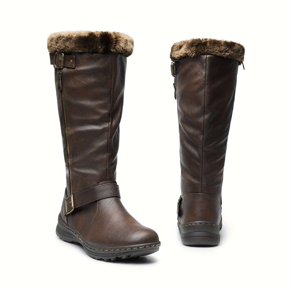 Women's Winter Fully Fur Lined Zipper Closure Snow Knee High Boots