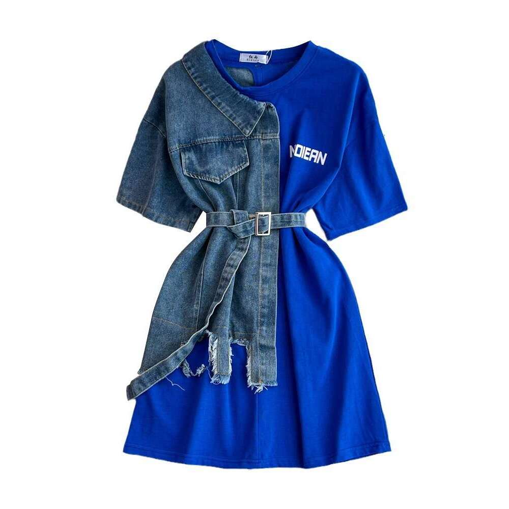 waist Waisted Round Neck Color Block Denim Shirt Chic Casual Mid-length