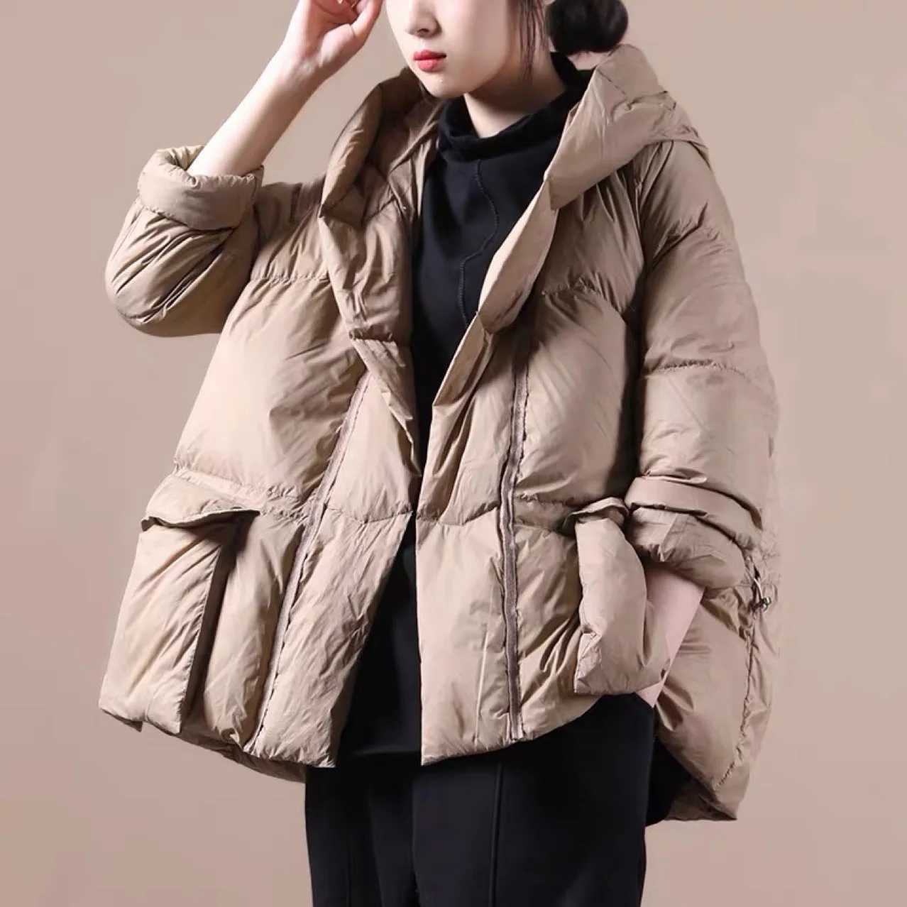 Winter new womens hooded solid color jacket casual loose pocket drawstring short duck down jacket women coats4 Colors W251016
