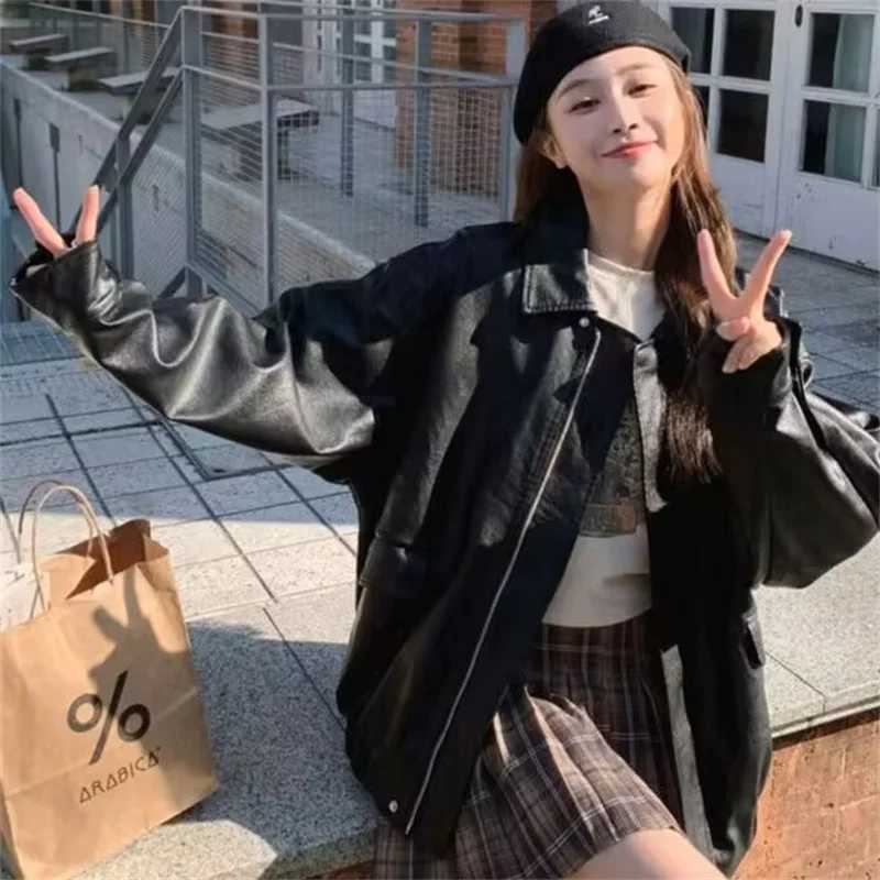 Highgrade Female Solid Color Leather Jacket Autumn Women Locomotive Faux Leather Coat American Ladies Loose PU Leather OutwearT251017