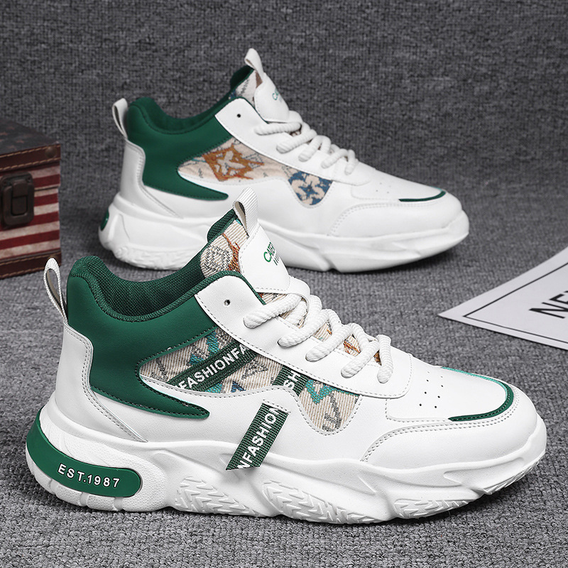 Men's Spring Trendy Sports High-top Thick-soled Casual Youth Leather Basketball Wear-resistant White Dad Shoes