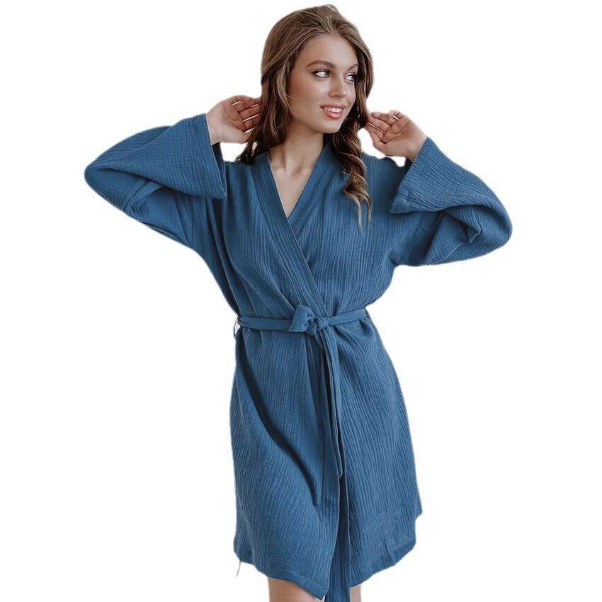 Autumn And Winter New Blue Fashion Pure Cotton Warm Long Sleeve Short Nightgown Bathrobe Homewear For Women B5