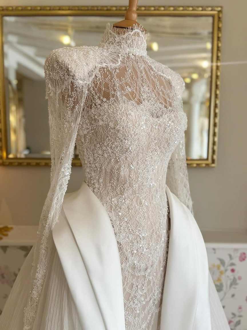 New Wedding Dress Mermaid Shine 3D-Lace High-Neck Appliques Bridal Gowns Detachable Train Robe De Vestido Plus Size Customized