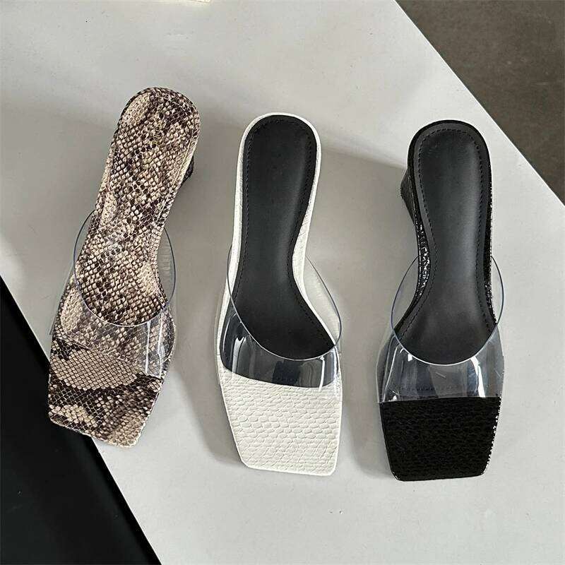 2026 Fashion Shallow PVC Transparent Wedge Women Slippers Rome Style Square Toe High Heels Outdoor Party Female Shoes