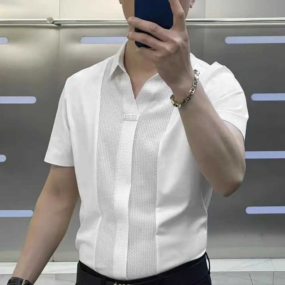 Men Summer Shirt Short Sleeves Turndown Collar Solid Color Slim Fit Patchwork Soft Breathable Formal Business Style Men Top J251017