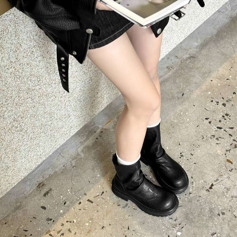 Cameido Women's Versatile Plain Face Thick Sole Elastic Wrinkled Pile - Up Slim Boots Autumn And Winter For Short Women