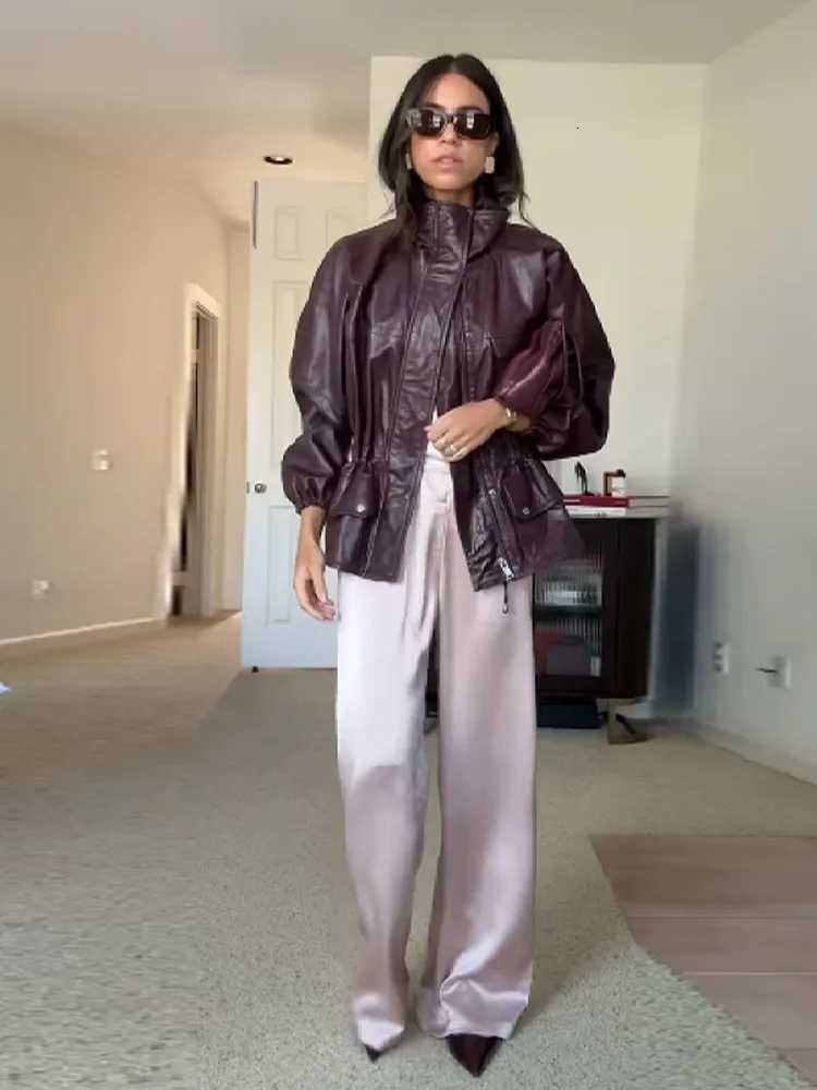 Retro PU Leather Stand Collar Jacket Women Fashion Wine Single Breasted Waistcinching Jackets Lady 2025 Chic Street OutwearsT251017