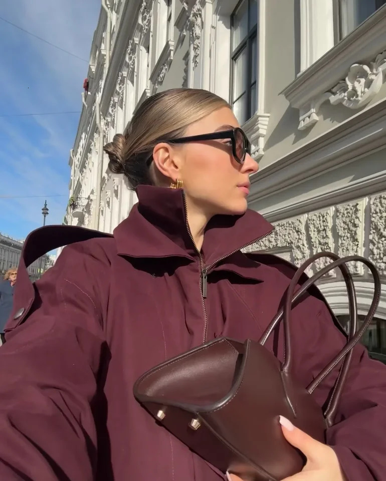 Fashion Wine Red Zipper Loose Overcoat Women Chic High Collar Long Sleeve Lace Up Elastic Waist Jacket Female Commute Daily Coat 251017