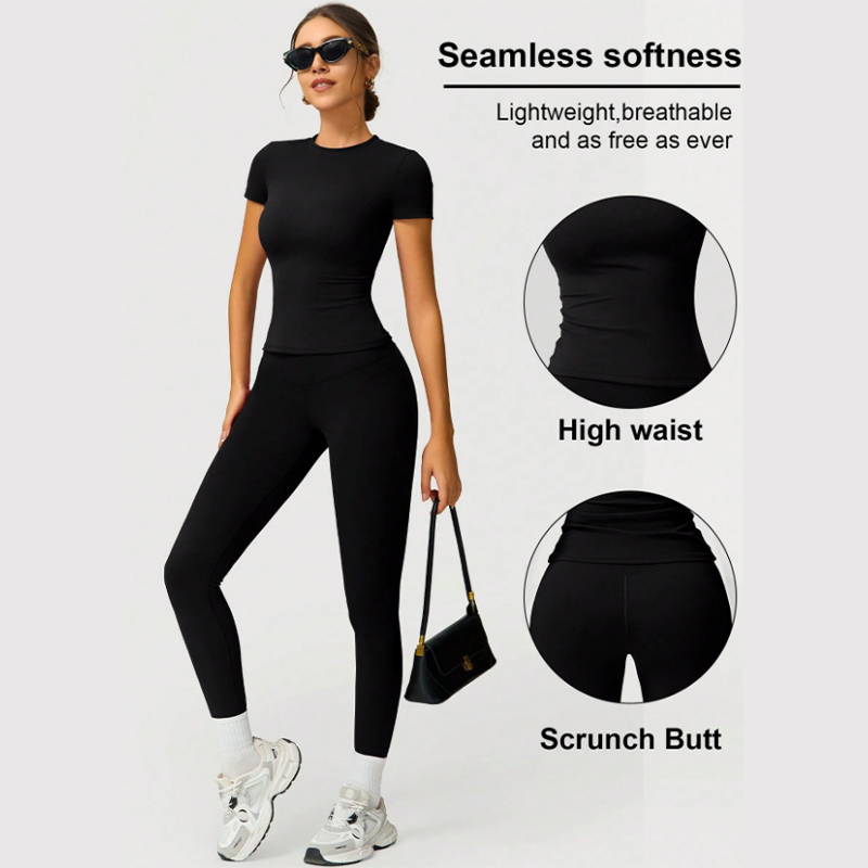 High waisted buttock lifting quick drying long sleeved yoga trousers Two piece yoga outfit Yoga Set black