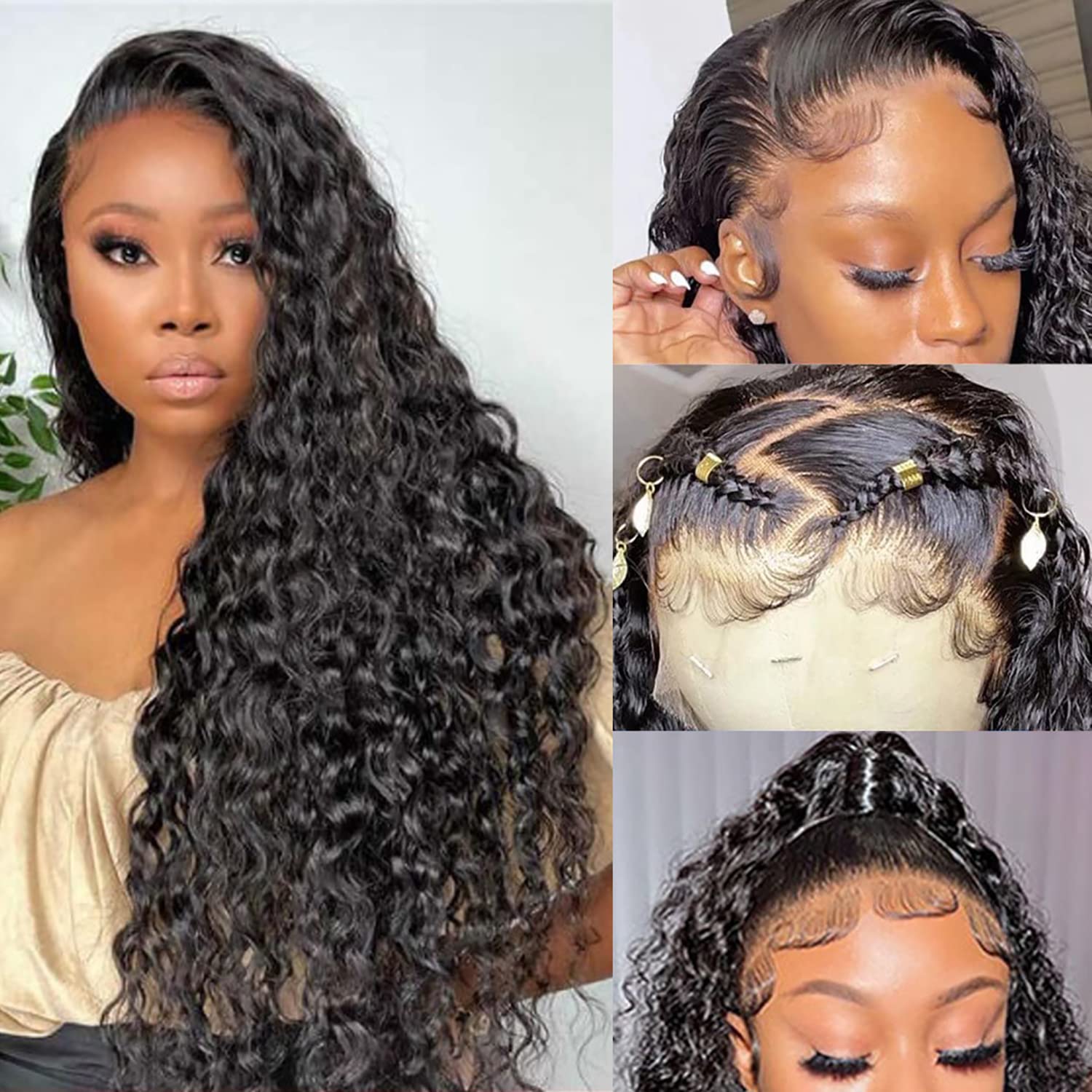 13x6 Water Wave Lace Front Wig Human Hair 180 Density Pre Plucked with Baby Hair Natural Color 16-34 Inch Wet and Wavy