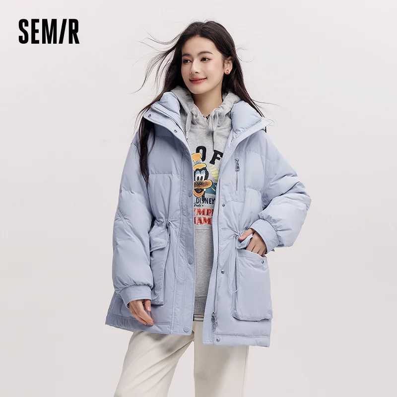 Semir MidLength Down Jacket Women Hooded Loose Fit Waist Cinching 2025 New Winter Minimalist Style W251016