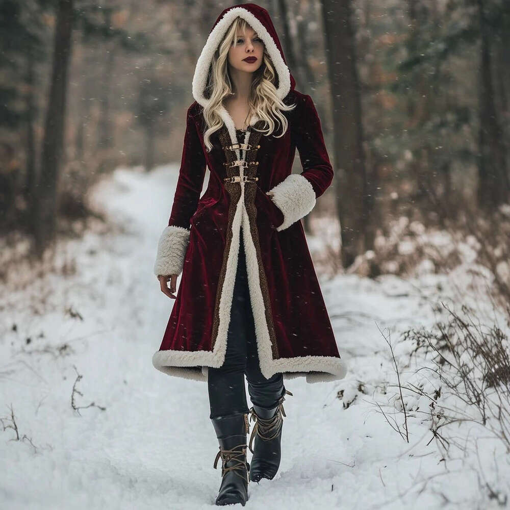 2025 Women'S Y2K Retro Double-Breasted Faux Fur Coat - Burgundy & White, Asymmetrical Hem, Loose Fit, Long Sleeve, Winter Outerwear for Fall/Wint