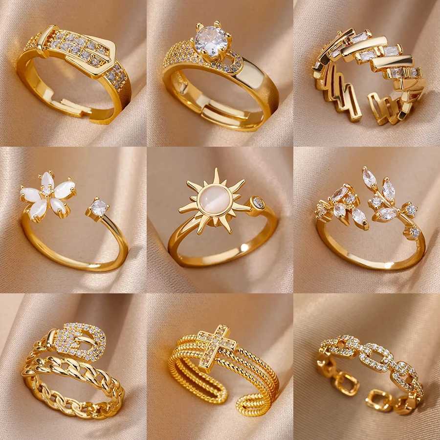 Luxury Zircon Geometric Rings For Women Stainless Steel Gold Color Open Ring Trendy Wedding Party Aesthetic Jewerly Gift Femme Z251017