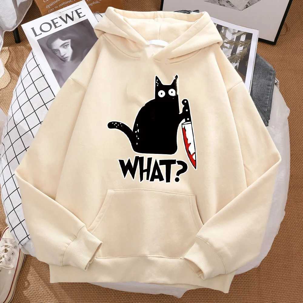 Cute Little Black Cat Holding a Knife Mens Hipster Hoodie Street Fleece Hoody Hip Hop Autumn kid Sweatshirt for Women C251017