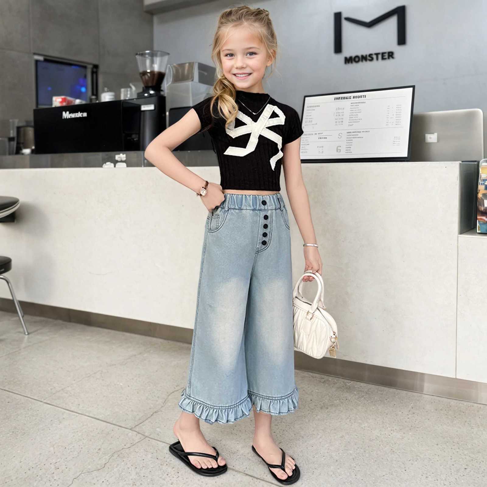Girls summer fivepin lace sevenpoint denim wideleg pants 2025 summer slim casual and fashionable straightleg pants 515 yearT251017