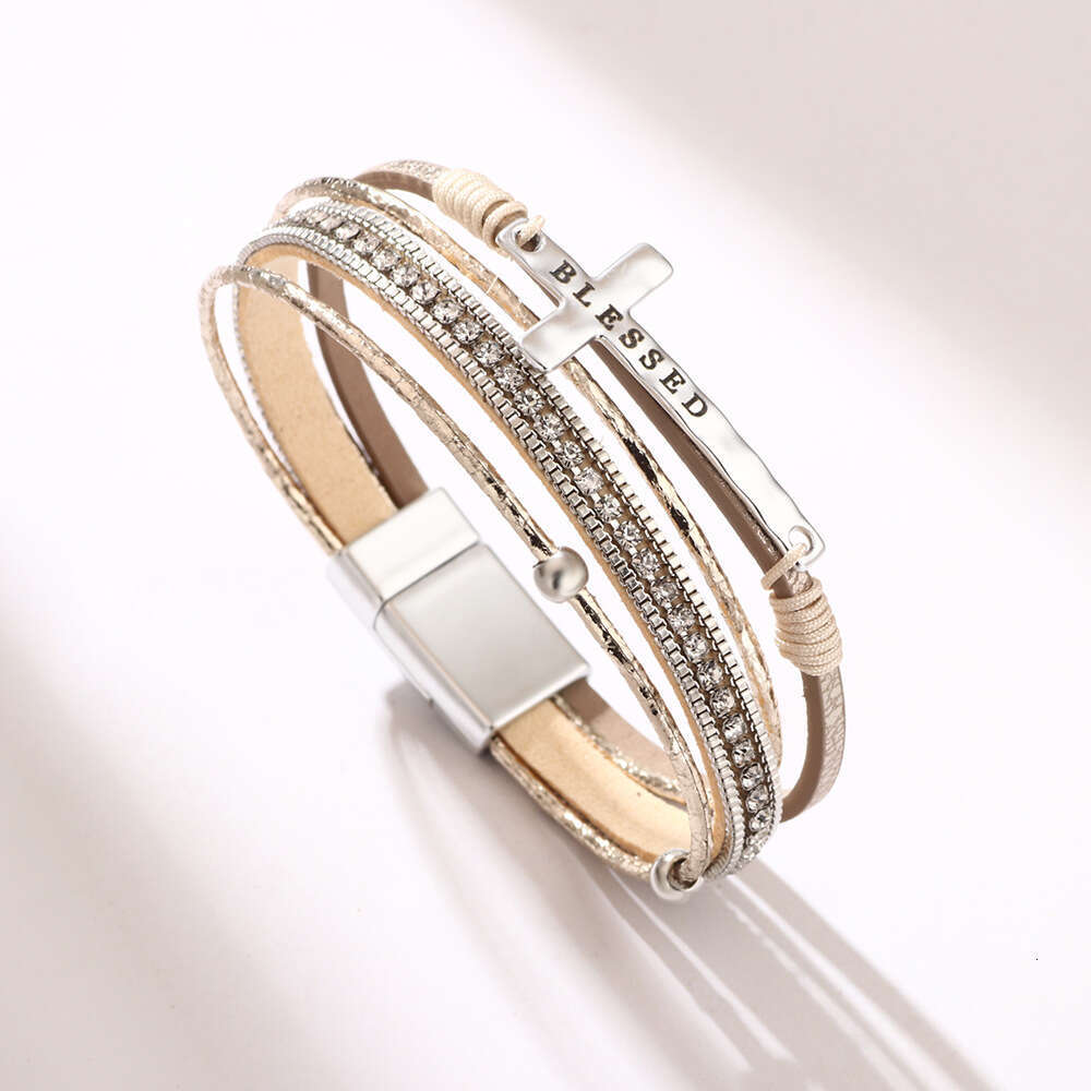 Bohemian Style Cross Light Micro Inlaid Dia Magnetic Clasp PU Leather Bracelet