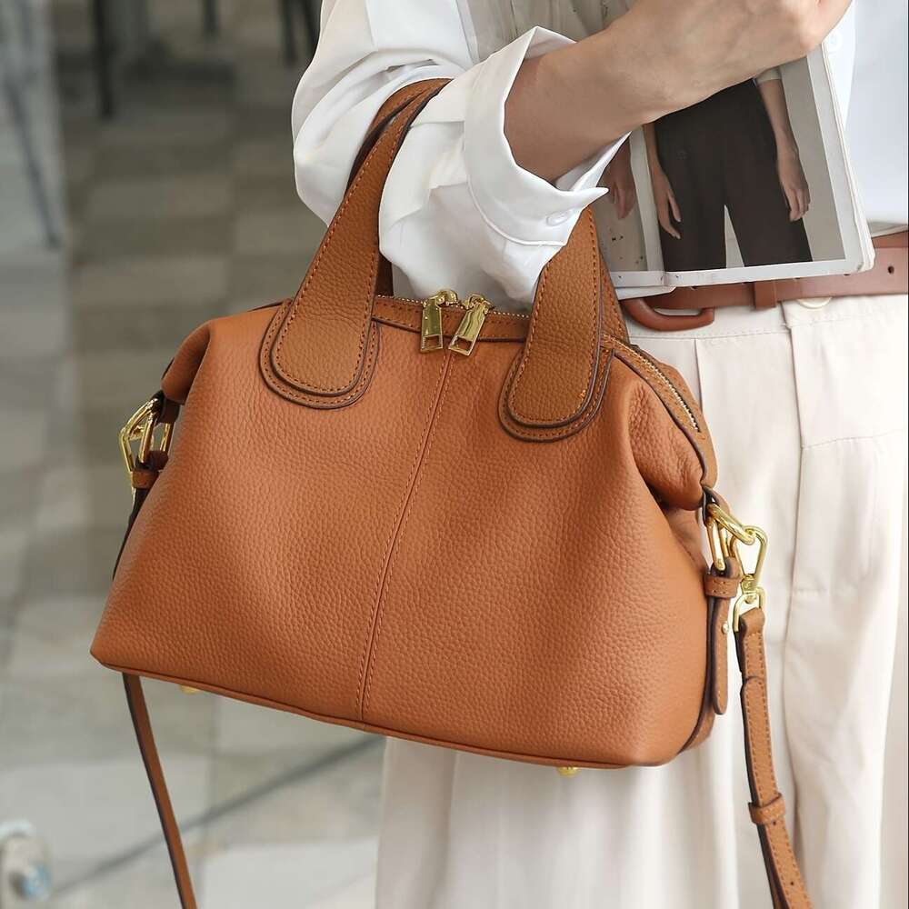 Wo's Genuine Leather - French Cow Full Grain/Black With Gold Hardware, Korean Style Elegant Shoulder Bag, Wrist Strap Zipper Closure, Suitable Fo