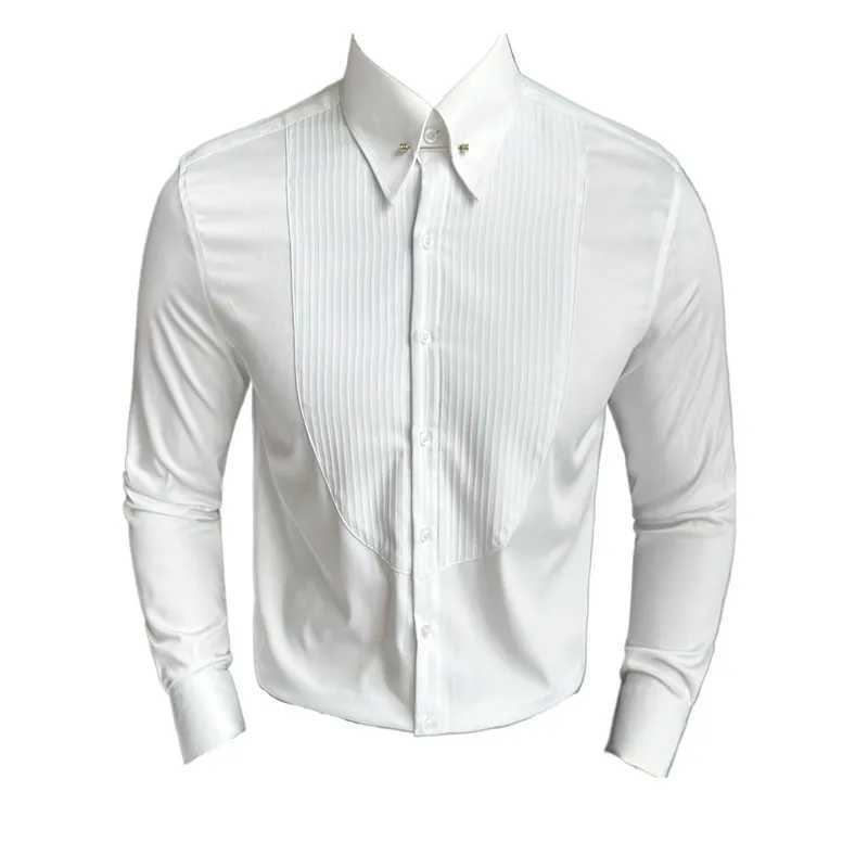 Neckline Metal Decorative Design Men Shirt Fashion Pleated Striped Long Sleeve Slim Business Social Tuxedo Shirt Mens Clothing J251017
