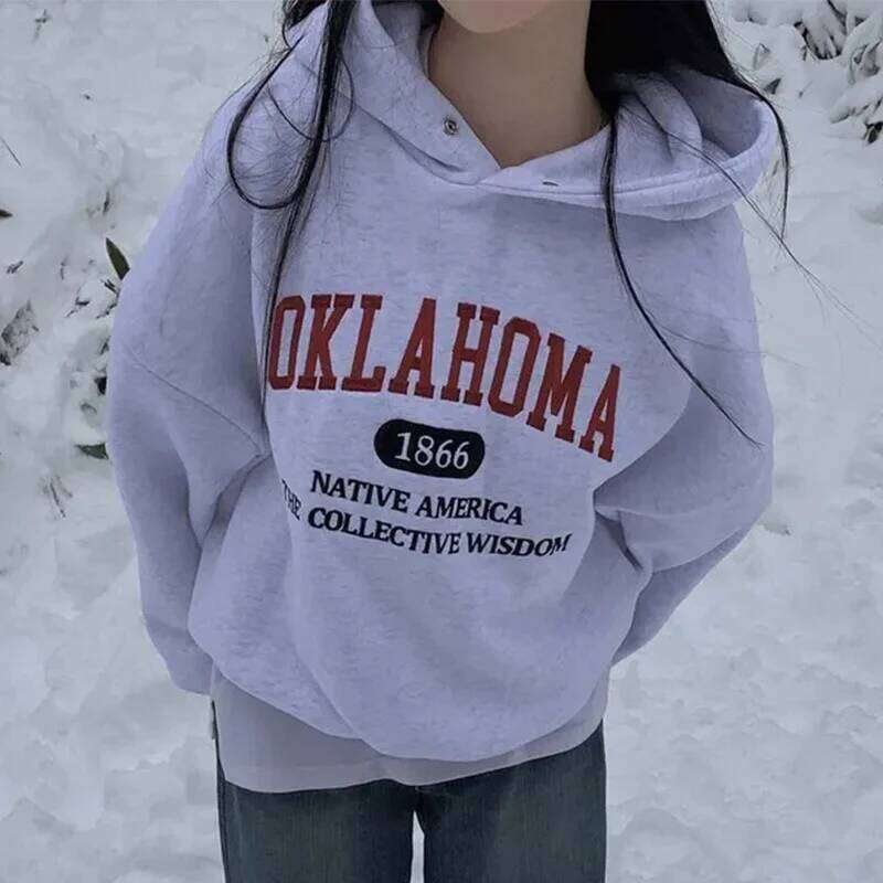 Retro Embroidered Print Fce Lined Long Sve Hoodie Women's Chic Autumn Winter Versatile Small Size Hooded Sweatirt