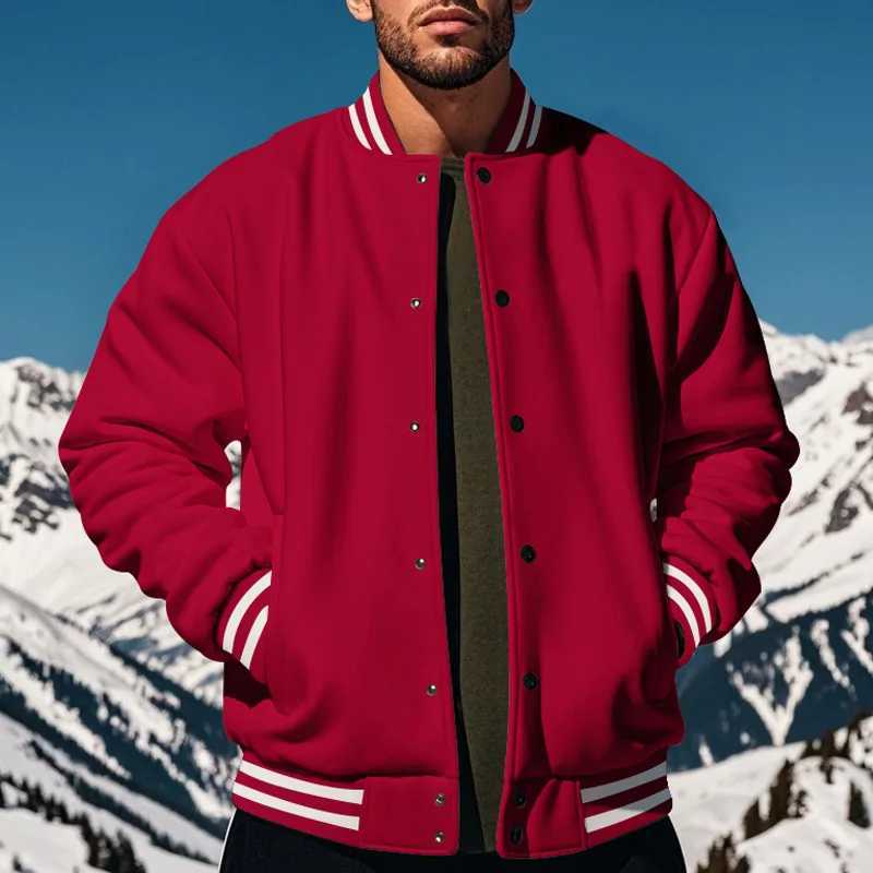 Mens baseball jacket autumn and winter fleece American solid color loose casual standup collar singlebreasted flight jacket J251017