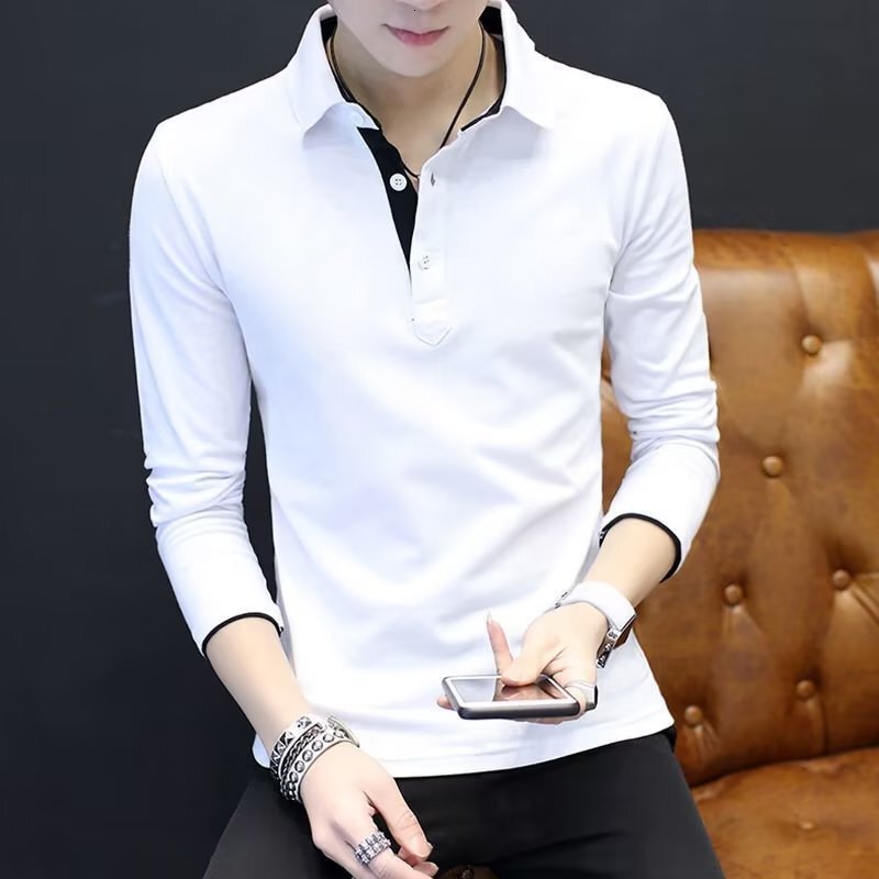Spring and Autumn New Long Sleeve T-Shirt for Men, Trendy Slim Fit POLO Collar, Solid Color Business Base Shirt, Casual Top