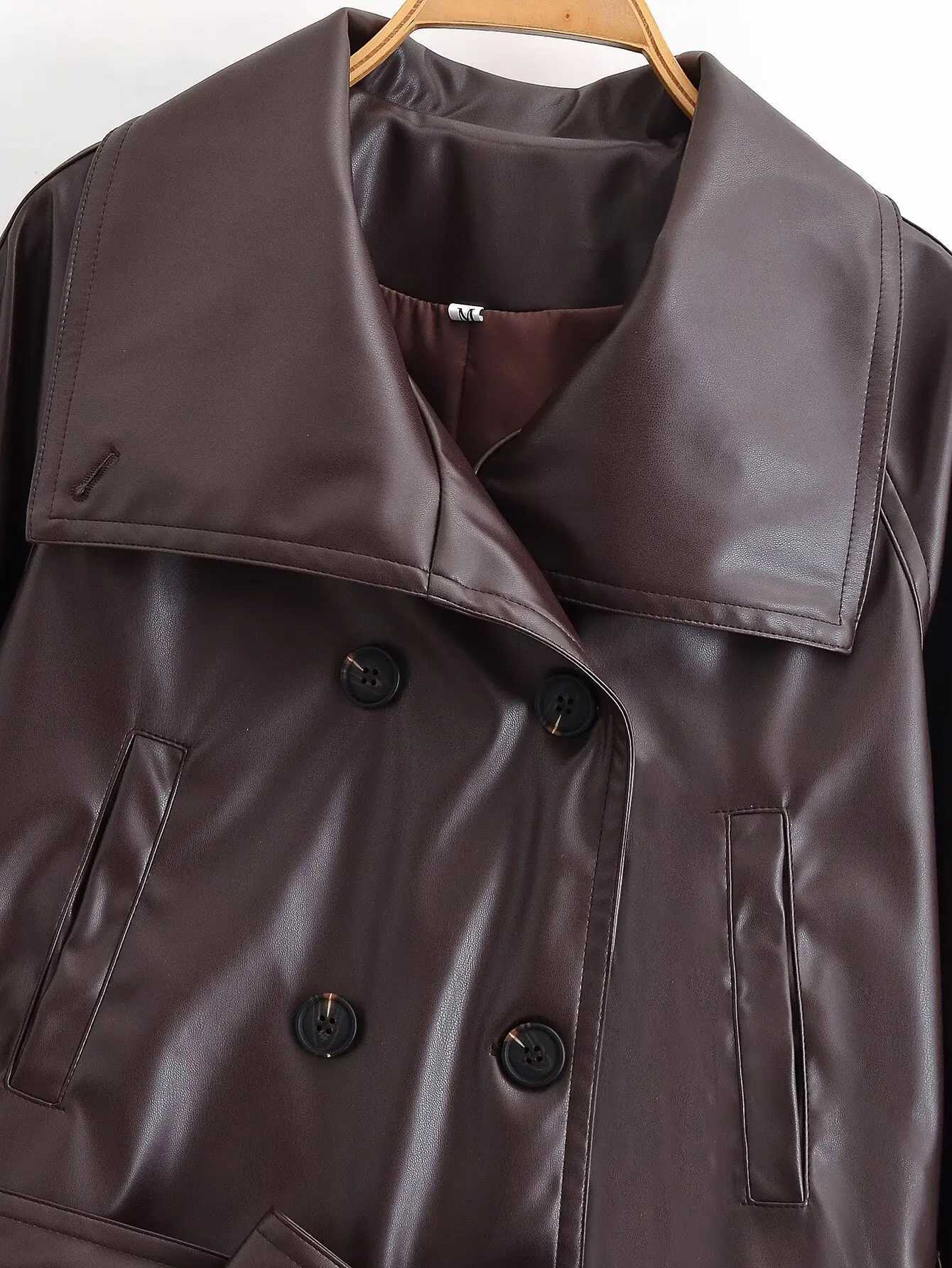 Womens new fashion With Belt lapel short double breasted faux leather Windbreaker coat retro long sleeved womens coat chic topT251017