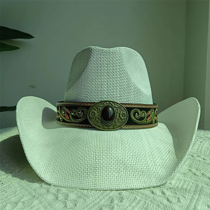 Western cowboy straw hat embroidery applique 2025 cowboy hat men and women sun hat summer brim hat sombrero 251015