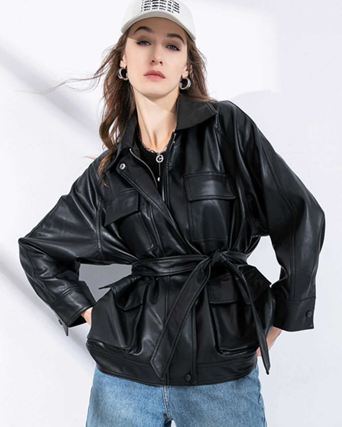 Fitaylor Women PU Leather Jacket Vintage Lapel Zipper Faux Leather Coat High Street Motorcycle Outwear with BeltT251017