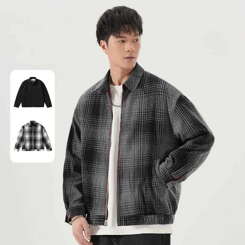 Men Streetwear Fashion Loose Casual Vintage Bomber Motorcycle Jacket Double Side Wearable Splice Plaid Spring Autumn Coat J251017