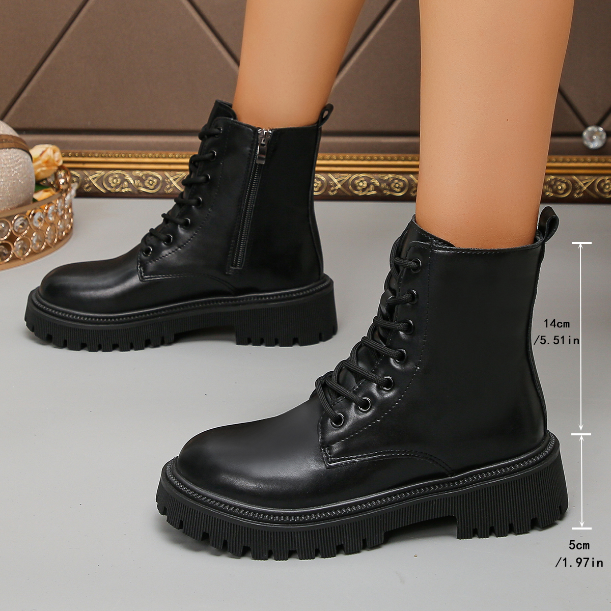 Women's 2025 Fall/Winter New Arrival British-Style Chunky-Heeled Lace-Up Short Boots with Side Zipper - Plus Size