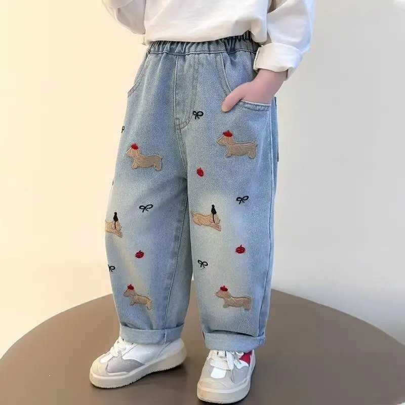 Children Denim Pant Spring Autumn Korean Printed Bows Baby Girls Jeans Kids Cartoon Straight Pant 210 Y Casual TrousersT251017