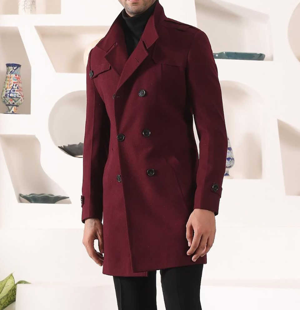 Customized Burgundy Men's Coat Wool Blend Double Breasted Long Coat Regular Fit Winter Groom Formal Business Wear