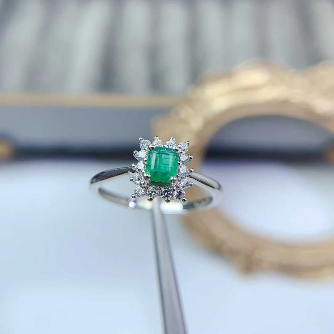 925 silver emerald jewelry real sterling silver gemstone ring 3mm*4mm natural emerald jewelry with certificate